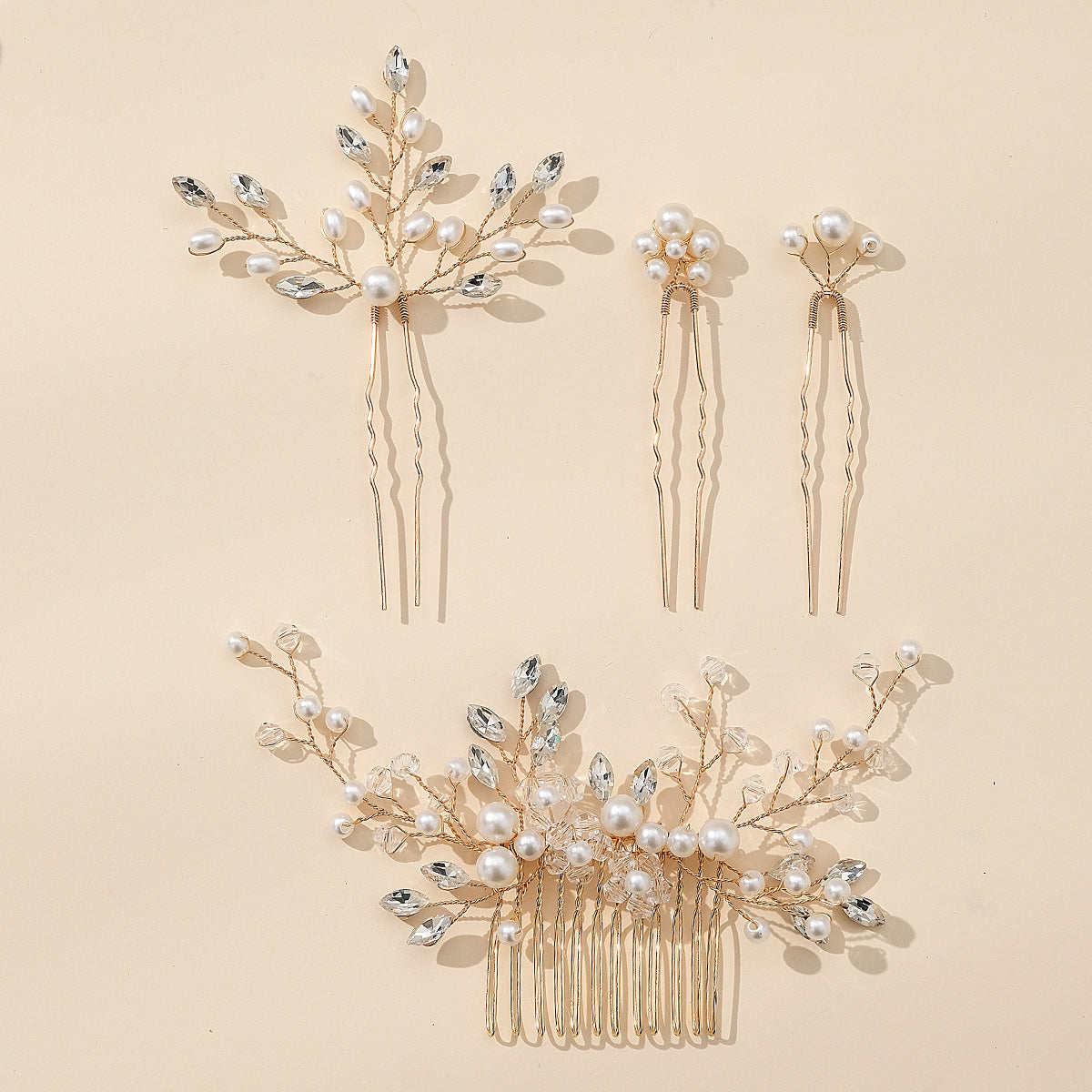 Miallo Gold 4Pcs/set Ceramic Flower Bridal Hair Comb Pin Handmade Rhinestone Pearl Side Comb Wedding Set Elegant Fashion Hair Jewelry HS-J7073G