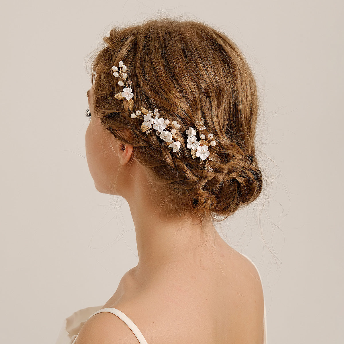 Miallo Delicate Rhinestone White Porcelain Flower Hairpins Sticks Styling Pins Wedding Bridal U Shaped Hair Fork HS-J7021G