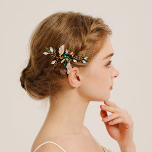 Miallo Vintage Gold Leaves and Crystal Side Comb for Wedding Elegant Green Rhinestones Bridal Hair Accessories HS-J7146GGREEN