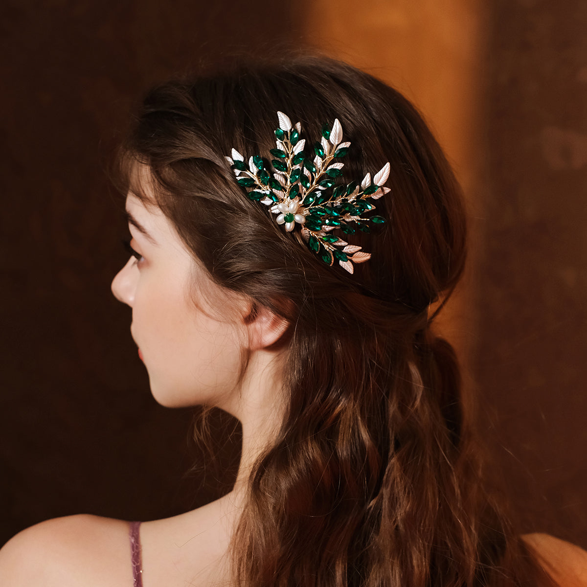 Miallo Fashion Shiny Green Rhinestone and Pearl Handmade Hair Comb Vintage Versatile Hair Accessories HS-J6883