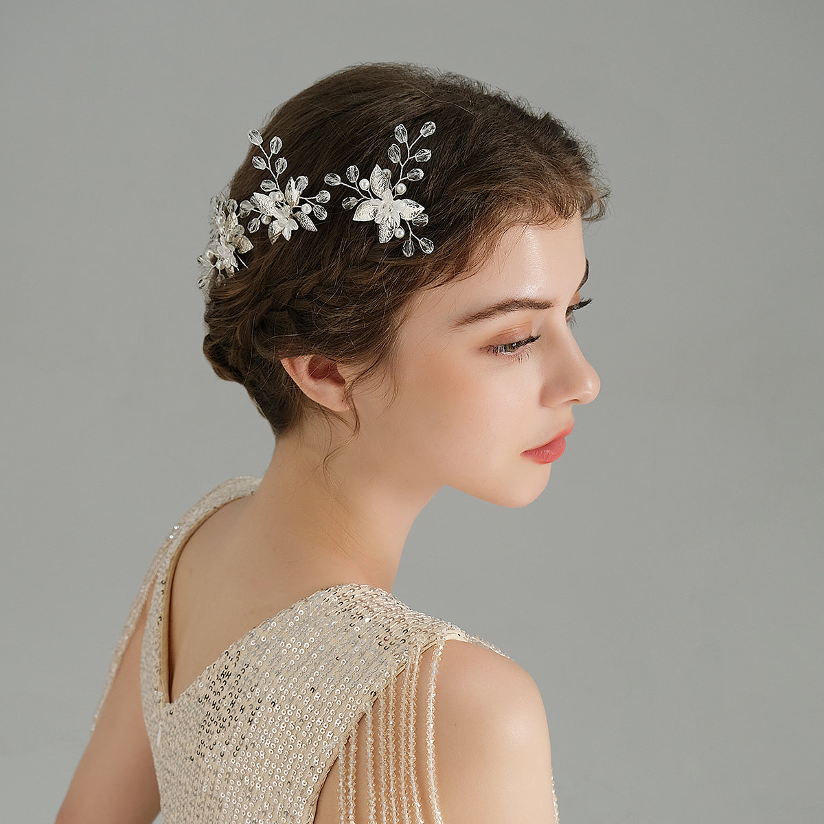 Miallo Silver Alloy Floral Hair Pins(3pcs/pack) Handmade Rhinestone Hair accessories HS-J6847S