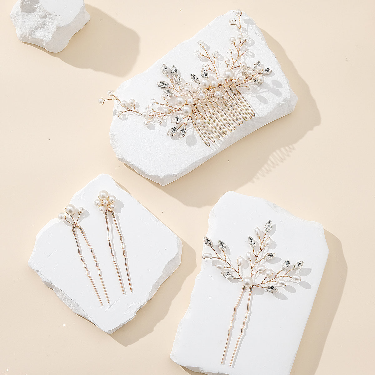 Miallo Gold 4Pcs/set Ceramic Flower Bridal Hair Comb Pin Handmade Rhinestone Pearl Side Comb Wedding Set Elegant Fashion Hair Jewelry HS-J7073G