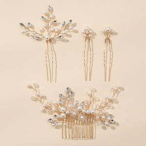 Miallo Gold 4Pcs/set Ceramic Flower Bridal Hair Comb Pin Handmade Rhinestone Pearl Side Comb Wedding Set Elegant Fashion Hair Jewelry HS-J7073G