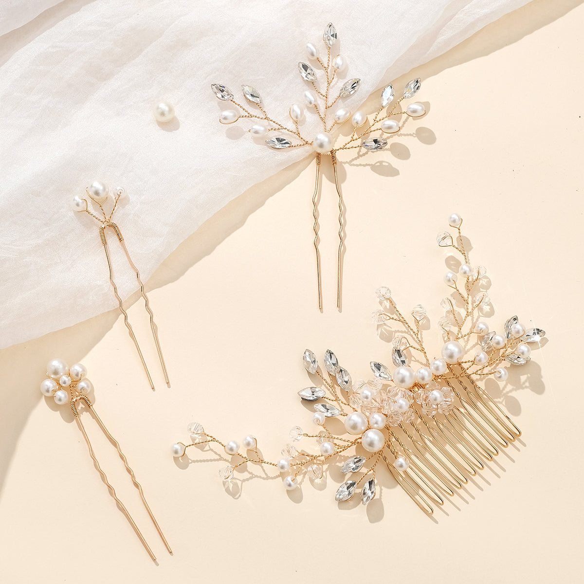 Miallo Gold 4Pcs/set Ceramic Flower Bridal Hair Comb Pin Handmade Rhinestone Pearl Side Comb Wedding Set Elegant Fashion Hair Jewelry HS-J7073G