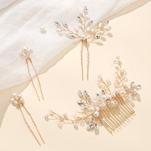 Miallo Gold 4Pcs/set Ceramic Flower Bridal Hair Comb Pin Handmade Rhinestone Pearl Side Comb Wedding Set Elegant Fashion Hair Jewelry HS-J7073G