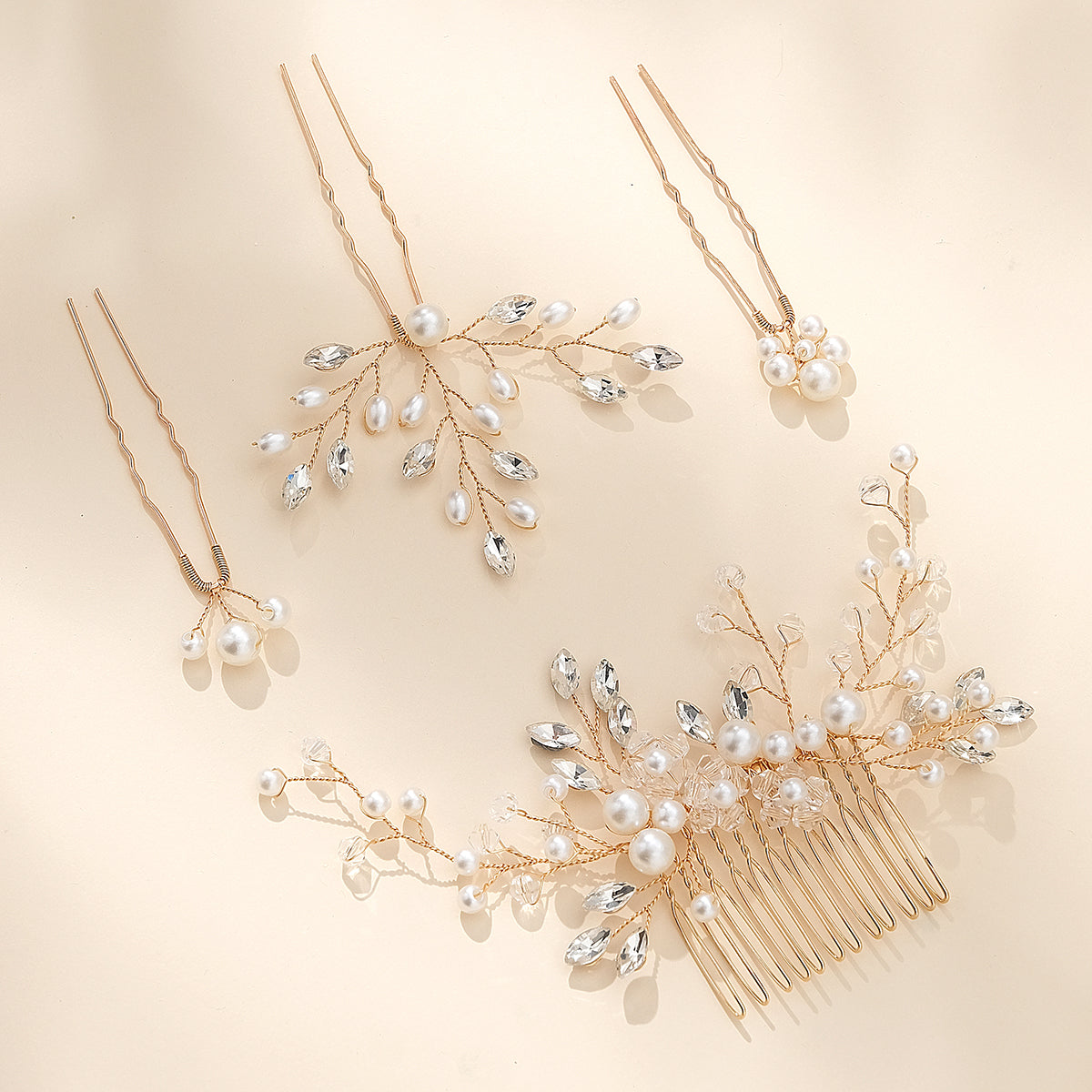 Miallo Gold 4Pcs/set Ceramic Flower Bridal Hair Comb Pin Handmade Rhinestone Pearl Side Comb Wedding Set Elegant Fashion Hair Jewelry HS-J7073G