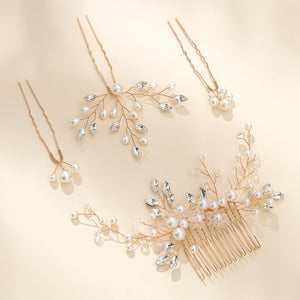 Miallo Gold 4Pcs/set Ceramic Flower Bridal Hair Comb Pin Handmade Rhinestone Pearl Side Comb Wedding Set Elegant Fashion Hair Jewelry HS-J7073G
