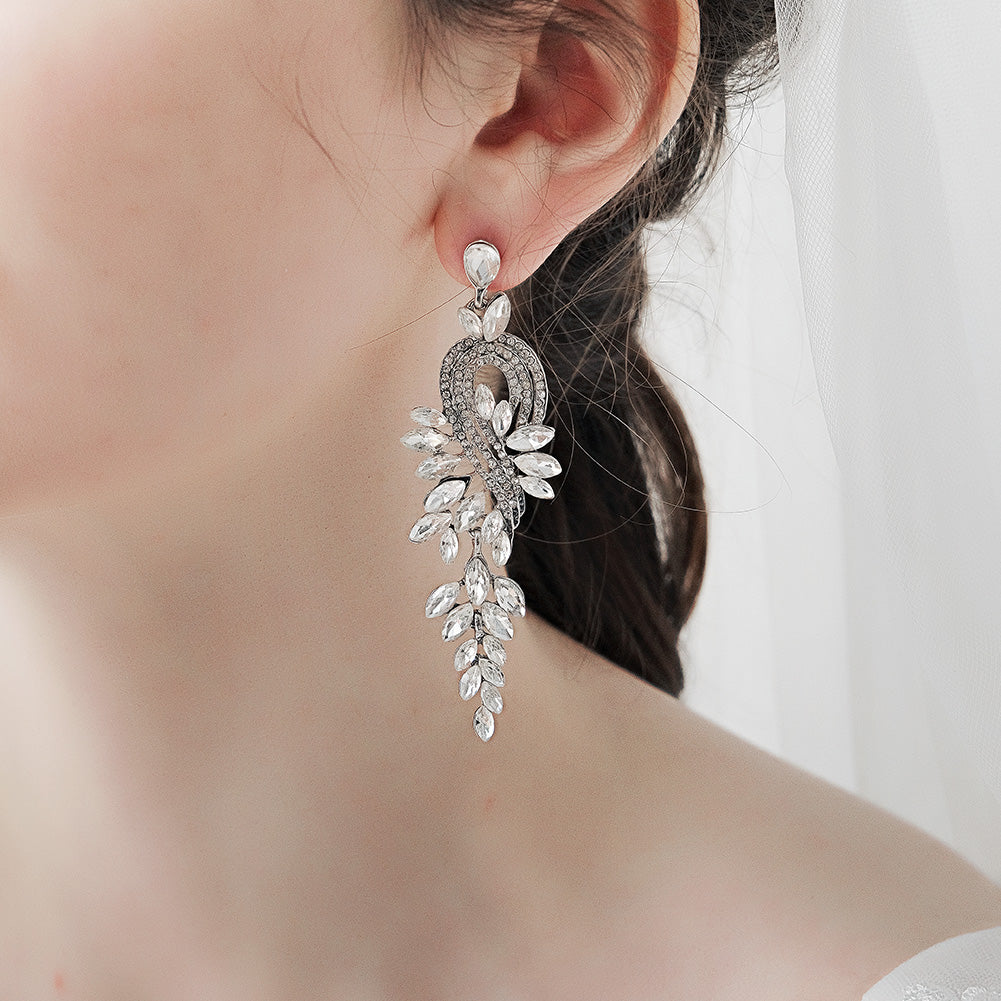 Miallo New Stylish Bohemia Silver Color Crystal Alloy Long Luxury Women Drop Earrings Wedding Bride Bridesmaids Dangle Earrings ERS-J4097S