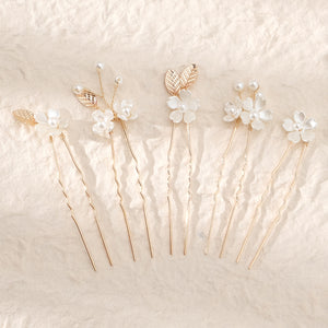 Miallo Vintage Pearl Flower Hair Pins (5pcs/pack) Gold Leaves Delicate Handmade Crystal Wedding Hair Accessories HS-J6990G