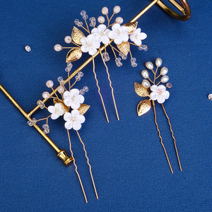 Miallo Delicate Rhinestone White Porcelain Flower Hairpins Sticks Styling Pins Wedding Bridal U Shaped Hair Fork HS-J7021G