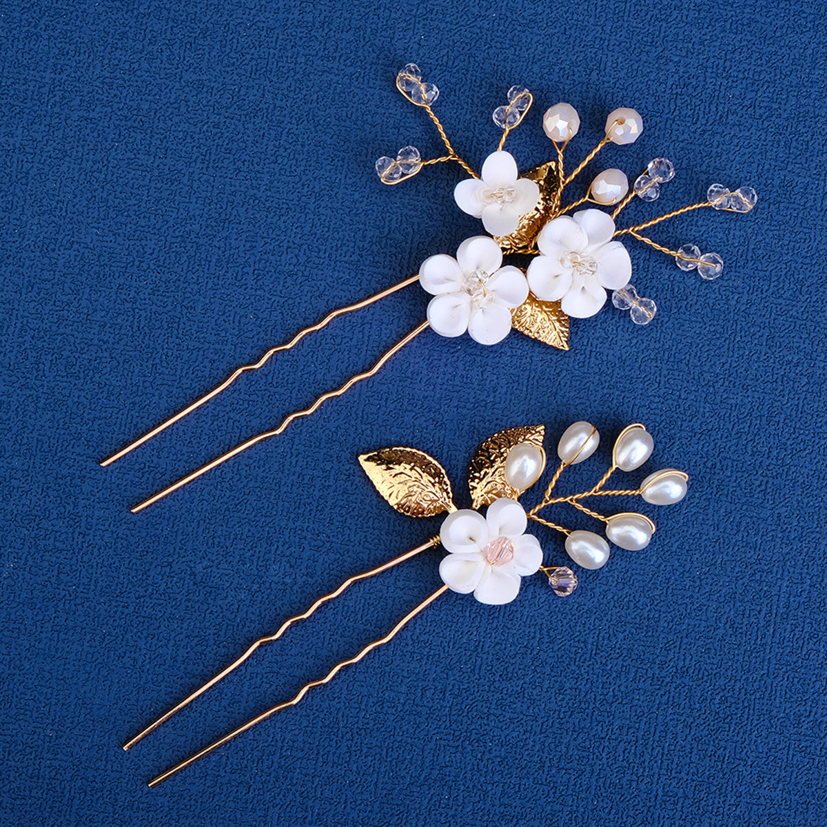Miallo Delicate Rhinestone White Porcelain Flower Hairpins Sticks Styling Pins Wedding Bridal U Shaped Hair Fork HS-J7021G