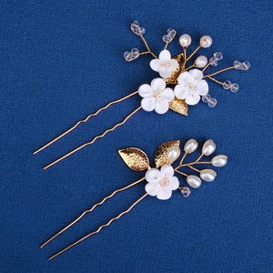 Miallo Delicate Rhinestone White Porcelain Flower Hairpins Sticks Styling Pins Wedding Bridal U Shaped Hair Fork HS-J7021G
