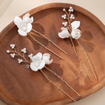 Load image into Gallery viewer, Miallo Exquisite Ceramic Flower Girls Hair Accessories Crystal Alloy U Shaped Hair Pins (3 pcs/pack) Bridal Wedding Hair Forks Women Jewelry HS-J7086G
