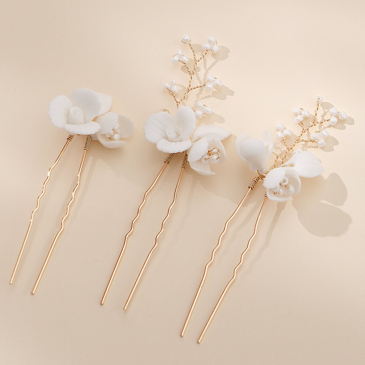 Miallo Exquisite Ceramic Flower Girls Hair Accessories Crystal Alloy U Shaped Hair Pins (3 pcs/pack) Bridal Wedding Hair Forks Women Jewelry HS-J7086G
