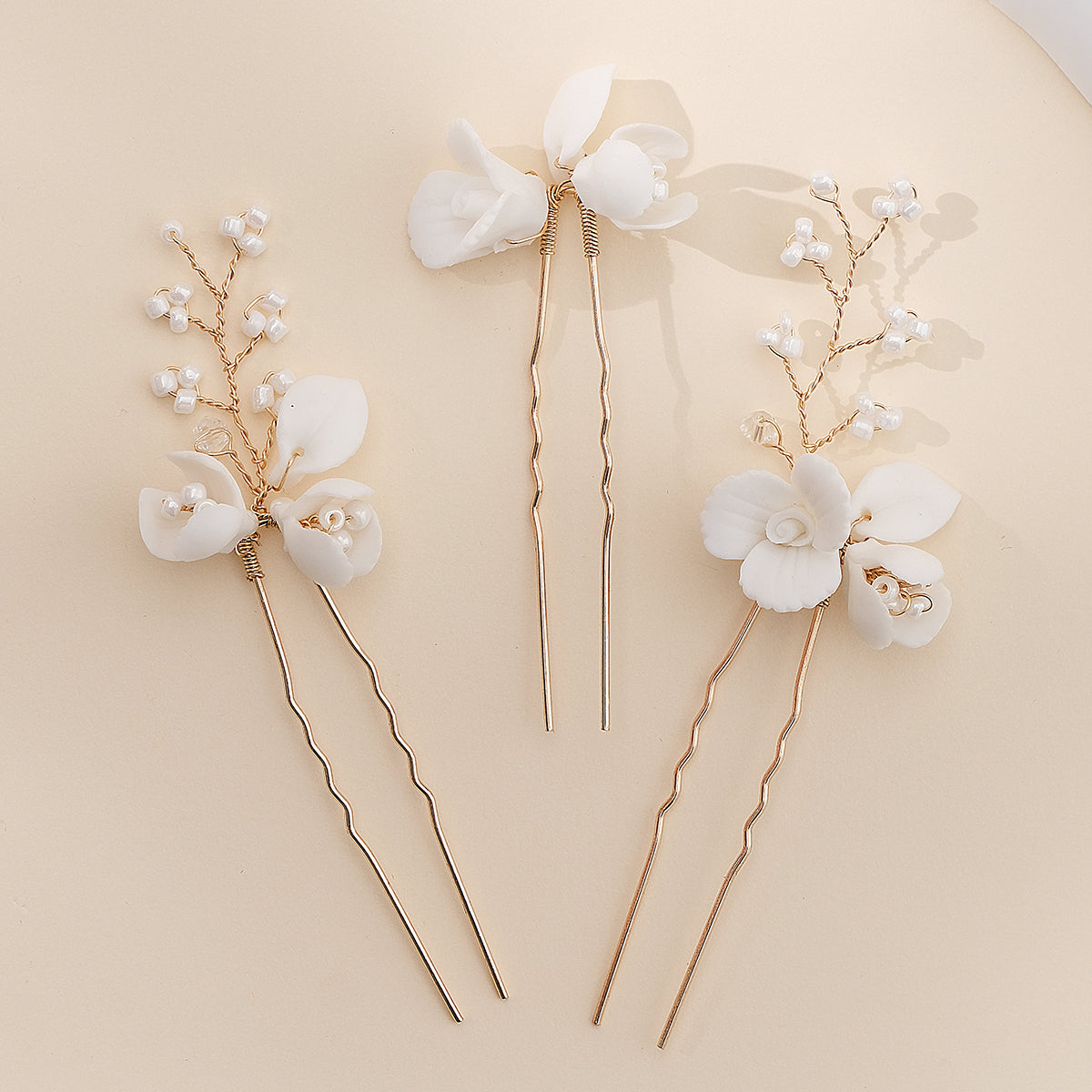 Miallo Exquisite Ceramic Flower Girls Hair Accessories Crystal Alloy U Shaped Hair Pins (3 pcs/pack) Bridal Wedding Hair Forks Women Jewelry HS-J7086G