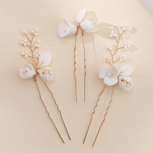 Miallo Exquisite Ceramic Flower Girls Hair Accessories Crystal Alloy U Shaped Hair Pins (3 pcs/pack) Bridal Wedding Hair Forks Women Jewelry HS-J7086G