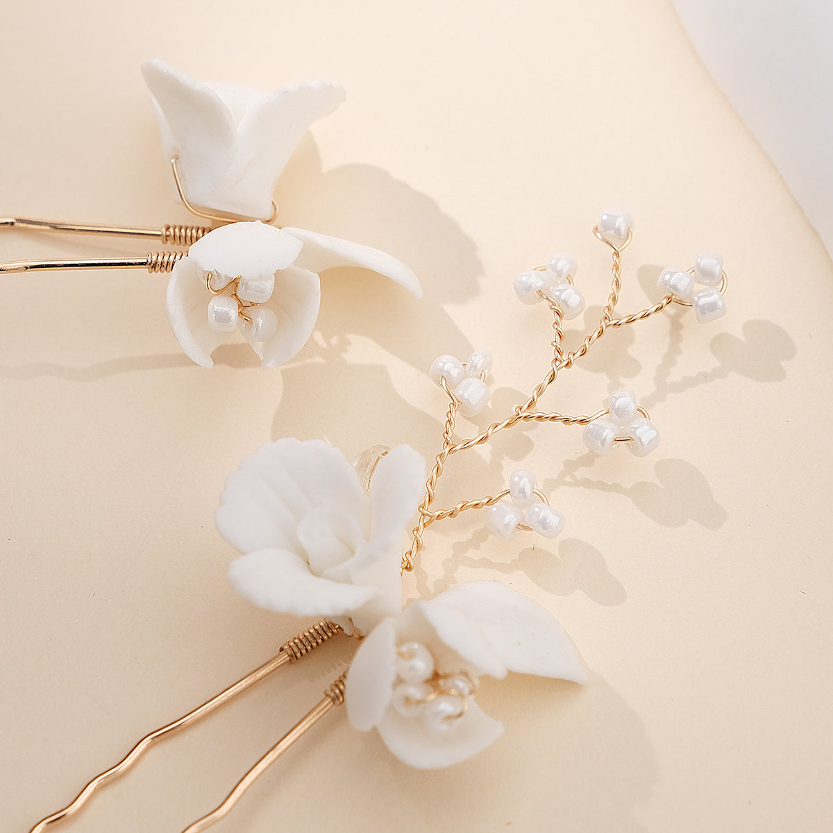 Miallo Exquisite Ceramic Flower Girls Hair Accessories Crystal Alloy U Shaped Hair Pins (3 pcs/pack) Bridal Wedding Hair Forks Women Jewelry HS-J7086G