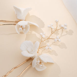 Miallo Exquisite Ceramic Flower Girls Hair Accessories Crystal Alloy U Shaped Hair Pins (3 pcs/pack) Bridal Wedding Hair Forks Women Jewelry HS-J7086G