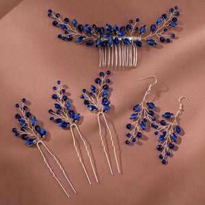 Miallo New Crystal Diamond Leaf Handcrafted Bridal Hairpin Set (5 pcs/set) Hair Accessories Hair Comb For Wedding Earrings HS-J7085SBLUE