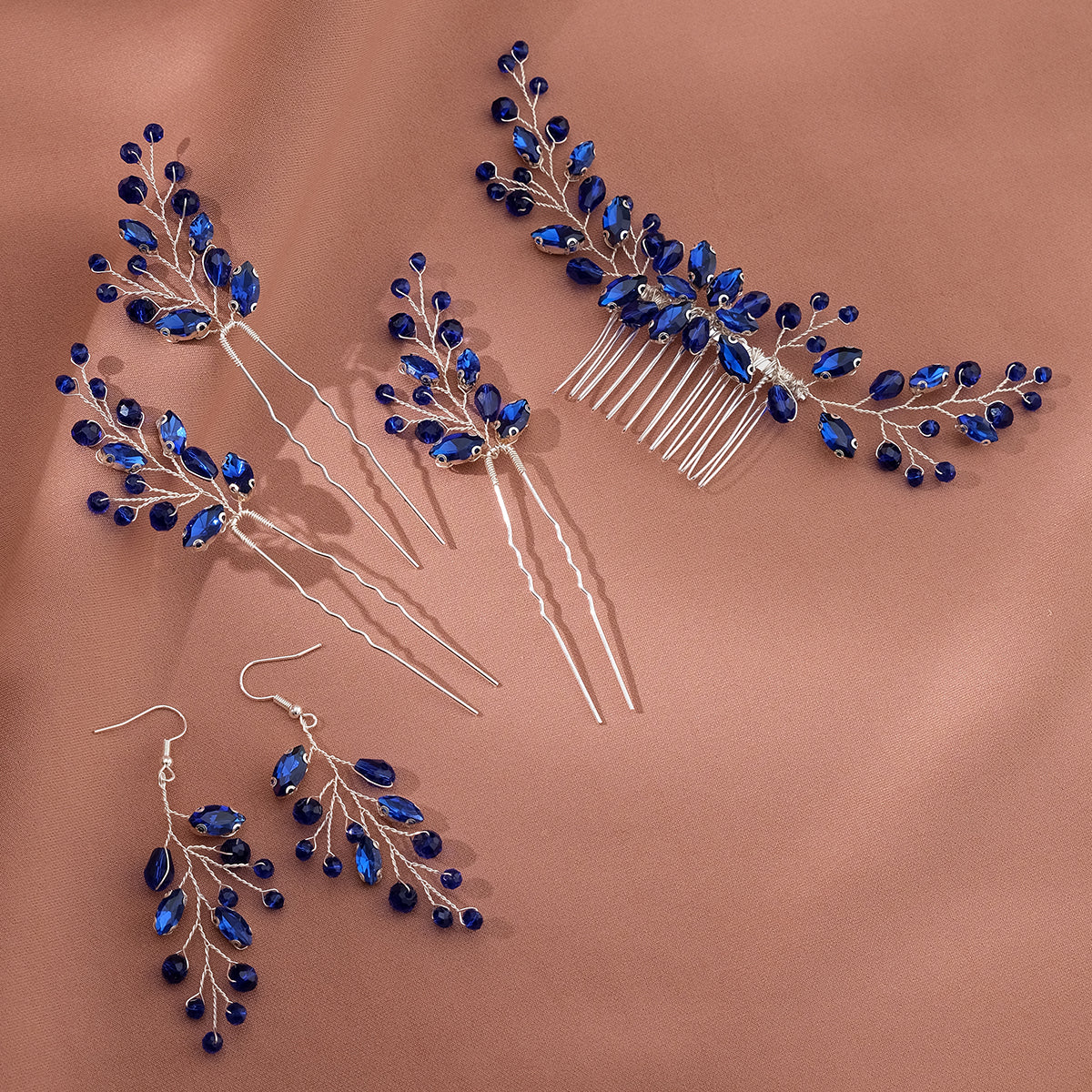 Miallo New Crystal Diamond Leaf Handcrafted Bridal Hairpin Set (5 pcs/set) Hair Accessories Hair Comb For Wedding Earrings HS-J7085SBLUE