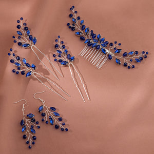 Miallo New Crystal Diamond Leaf Handcrafted Bridal Hairpin Set (5 pcs/set) Hair Accessories Hair Comb For Wedding Earrings HS-J7085SBLUE