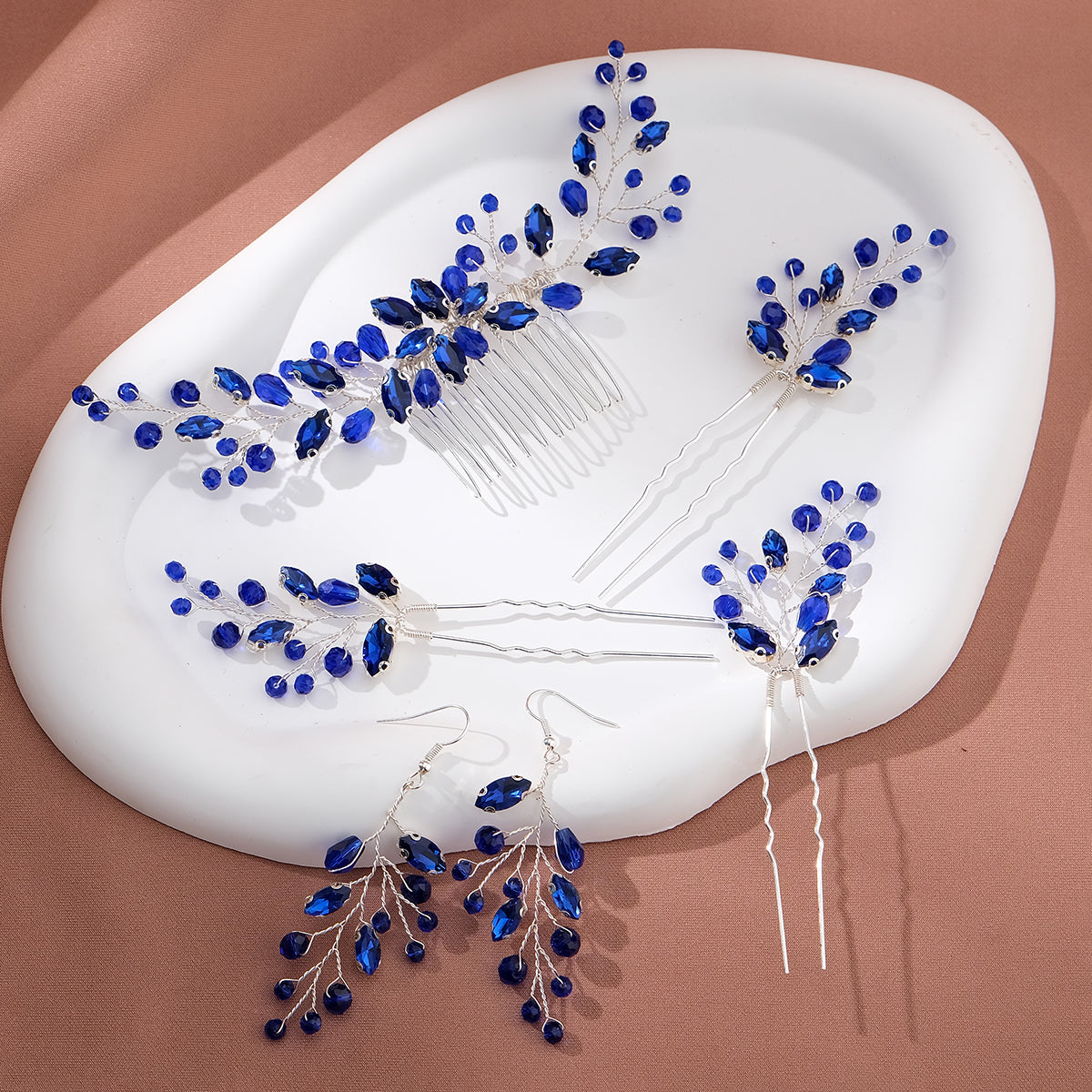 Miallo New Crystal Diamond Leaf Handcrafted Bridal Hairpin Set (5 pcs/set) Hair Accessories Hair Comb For Wedding Earrings HS-J7085SBLUE