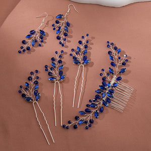 Miallo New Crystal Diamond Leaf Handcrafted Bridal Hairpin Set (5 pcs/set) Hair Accessories Hair Comb For Wedding Earrings HS-J7085SBLUE