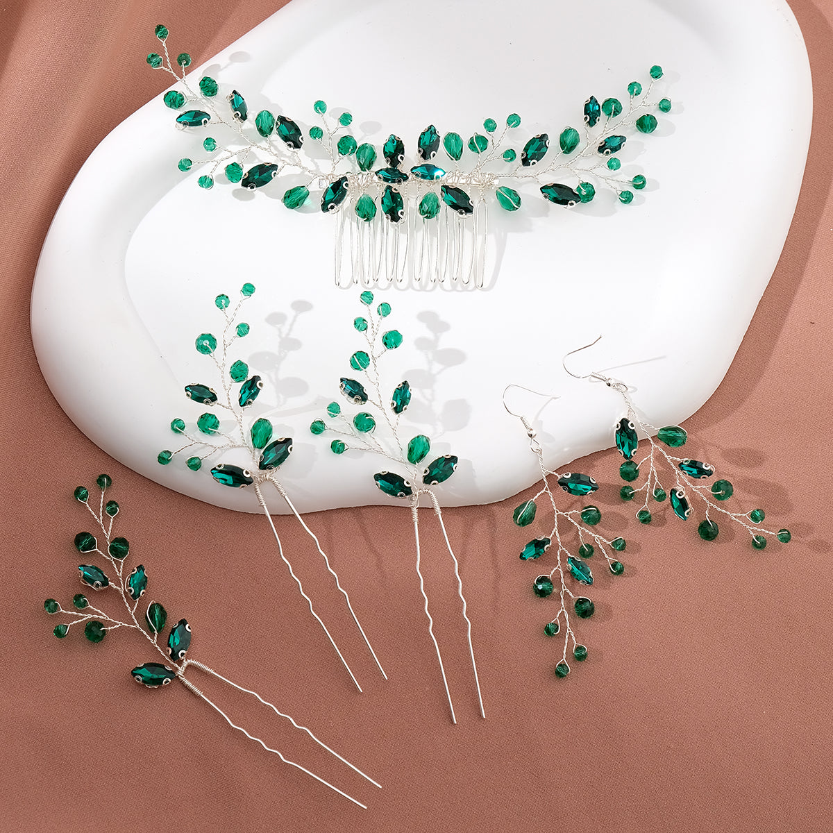 Miallo New Crystal Diamond Leaf Handcrafted Bridal Hairpin Set (5 pcs/set) Hair Accessories Hair Comb For Wedding Earrings HS-J7085SBLUE