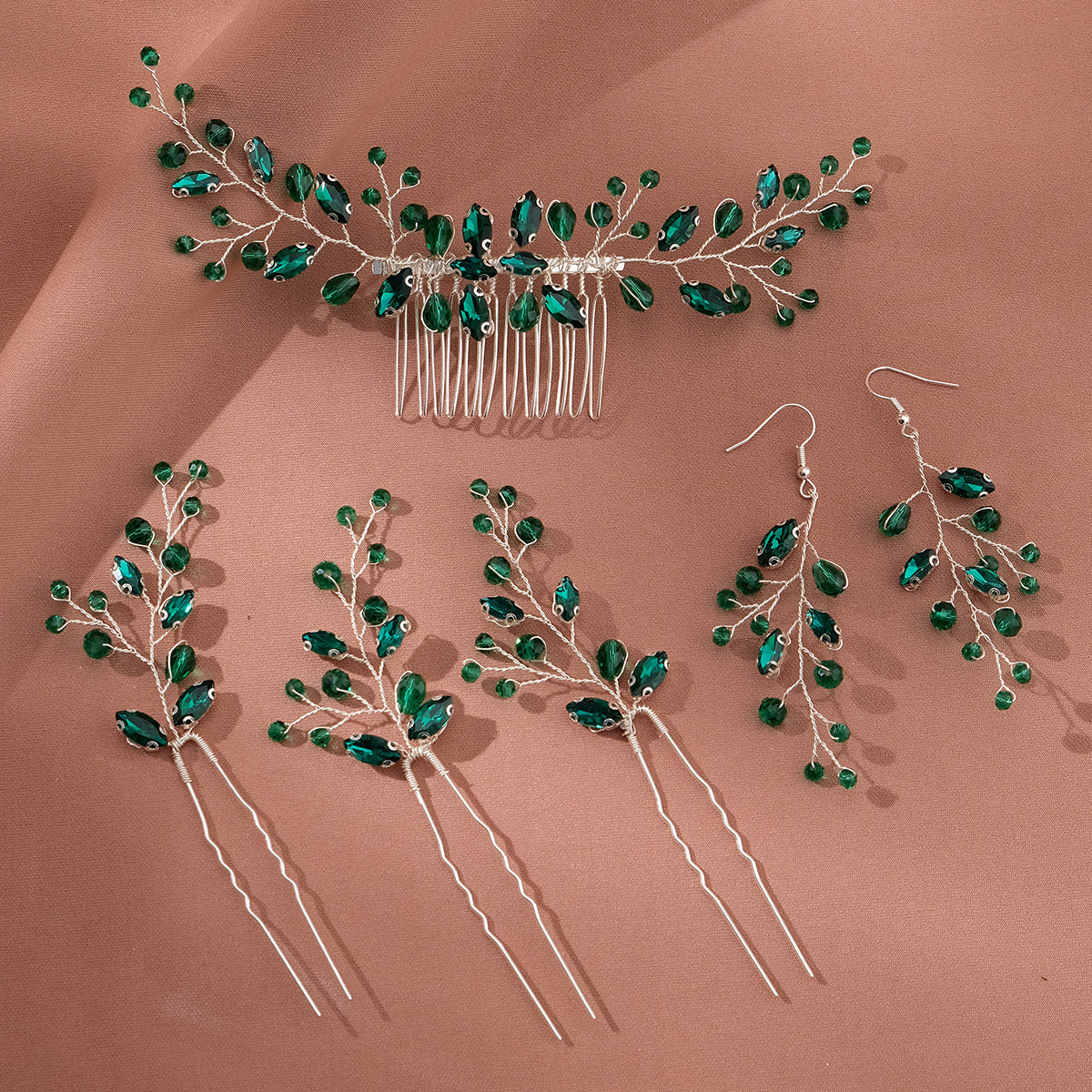 Miallo New Crystal Diamond Leaf Handcrafted Bridal Hairpin Set (5 pcs/set) Hair Accessories Hair Comb For Wedding Earrings HS-J7085SBLUE