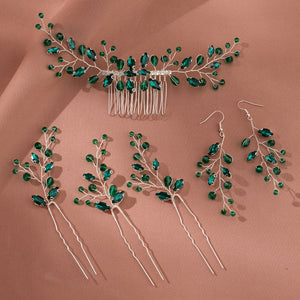Miallo New Crystal Diamond Leaf Handcrafted Bridal Hairpin Set (5 pcs/set) Hair Accessories Hair Comb For Wedding Earrings HS-J7085SBLUE