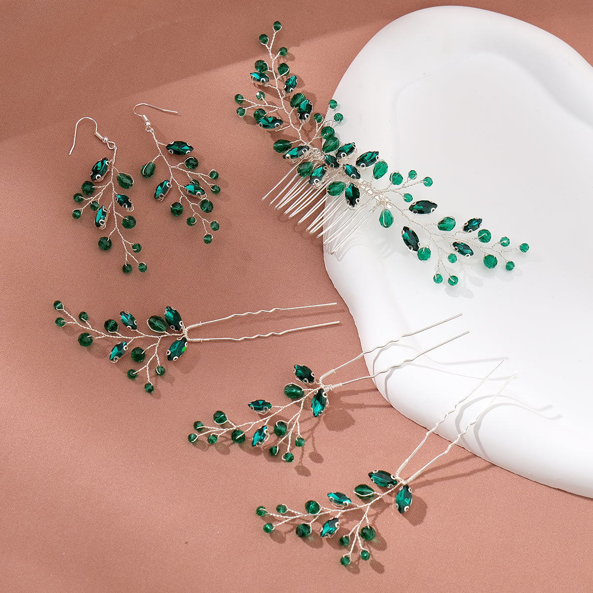 Miallo New Crystal Diamond Leaf Handcrafted Bridal Hairpin Set (5 pcs/set) Hair Accessories Hair Comb For Wedding Earrings HS-J7085SBLUE