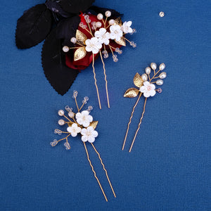 Miallo Delicate Rhinestone White Porcelain Flower Hairpins Sticks Styling Pins Wedding Bridal U Shaped Hair Fork HS-J7021G