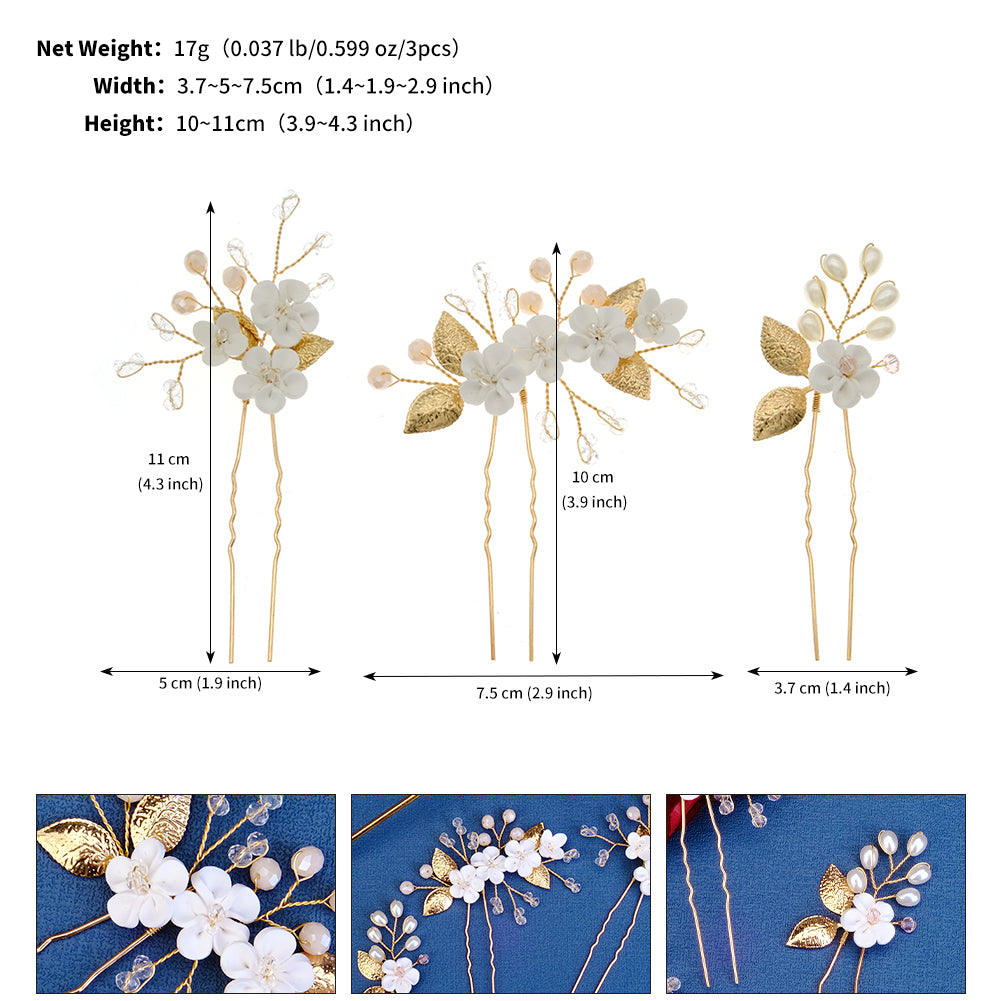 Miallo Delicate Rhinestone White Porcelain Flower Hairpins Sticks Styling Pins Wedding Bridal U Shaped Hair Fork HS-J7021G