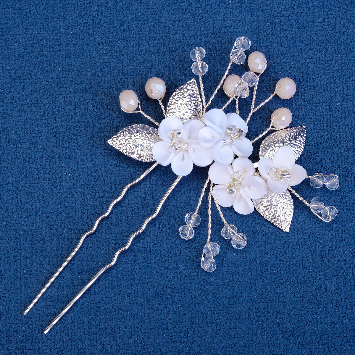 Miallo Delicate Rhinestone White Porcelain Flower Hairpins Sticks Styling Pins Wedding Bridal U Shaped Hair Fork HS-J7021G