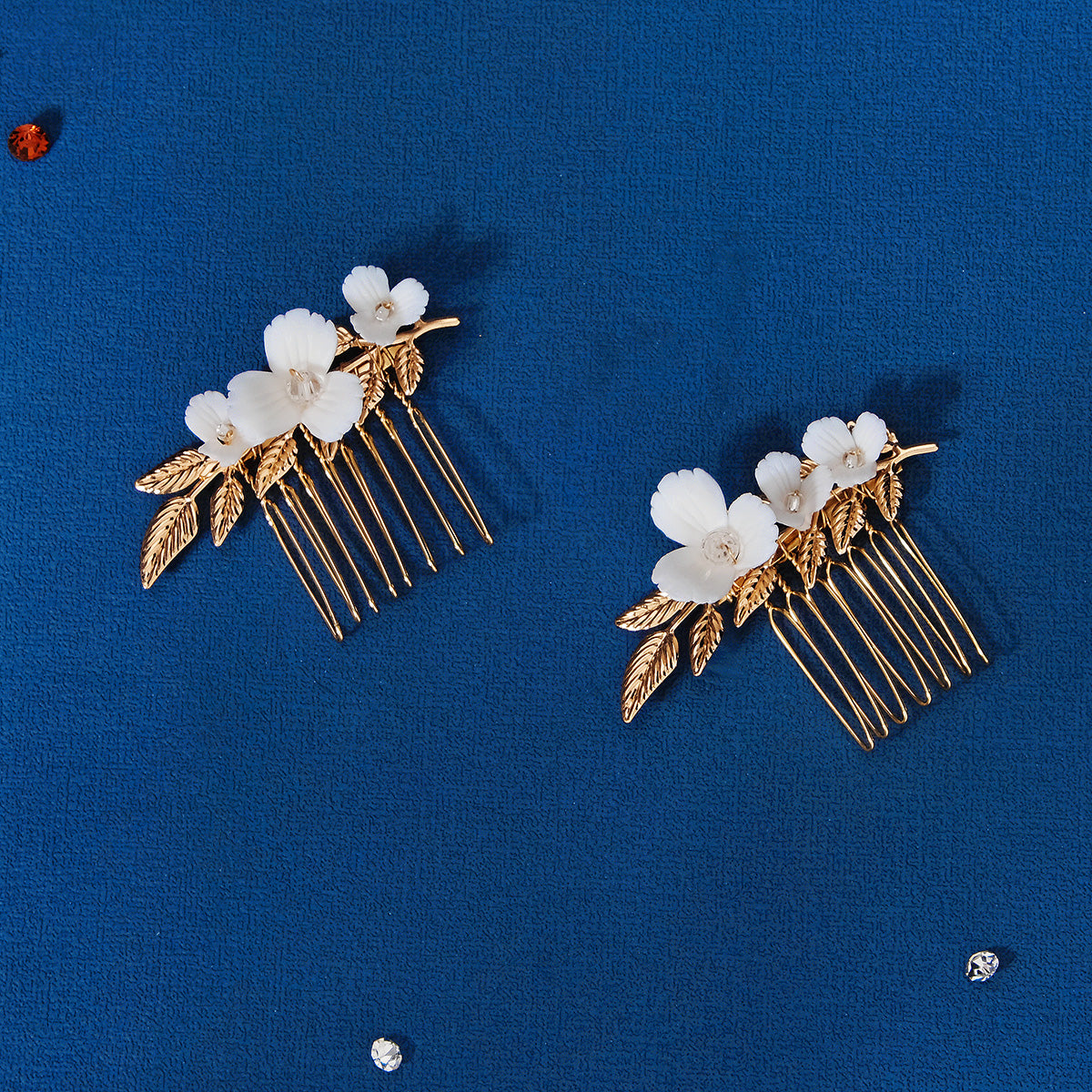 Miallo Simple Handmade Ceramic Flower Hair Combs (2 pcs/park) Exquisite Alloy Leaf Hair Accessories Elegant Women Jewelry HS-J6707G
