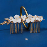 Load image into Gallery viewer, Miallo Simple Handmade Ceramic Flower Hair Combs (2 pcs/park) Exquisite Alloy Leaf Hair Accessories Elegant Women Jewelry HS-J6707G
