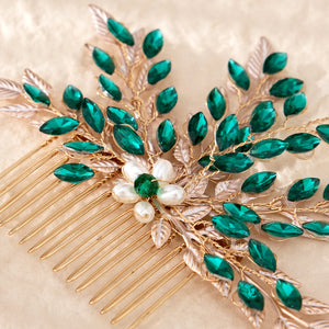 Miallo Fashion Shiny Green Rhinestone and Pearl Handmade Hair Comb Vintage Versatile Hair Accessories HS-J6883