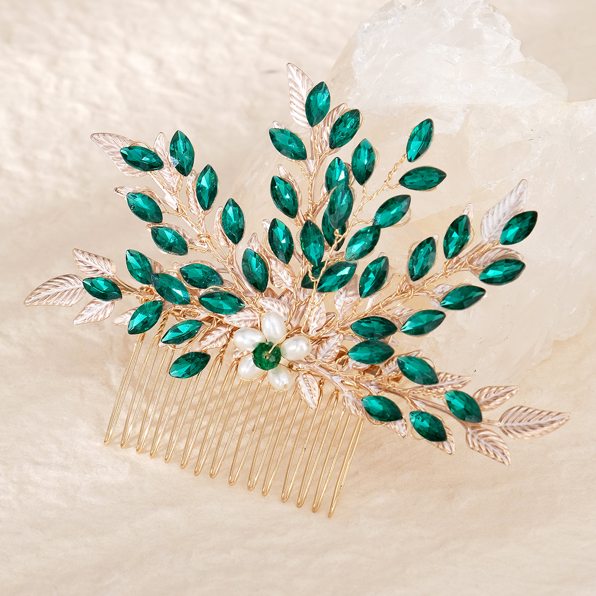 Miallo Fashion Shiny Green Rhinestone and Pearl Handmade Hair Comb Vintage Versatile Hair Accessories HS-J6883