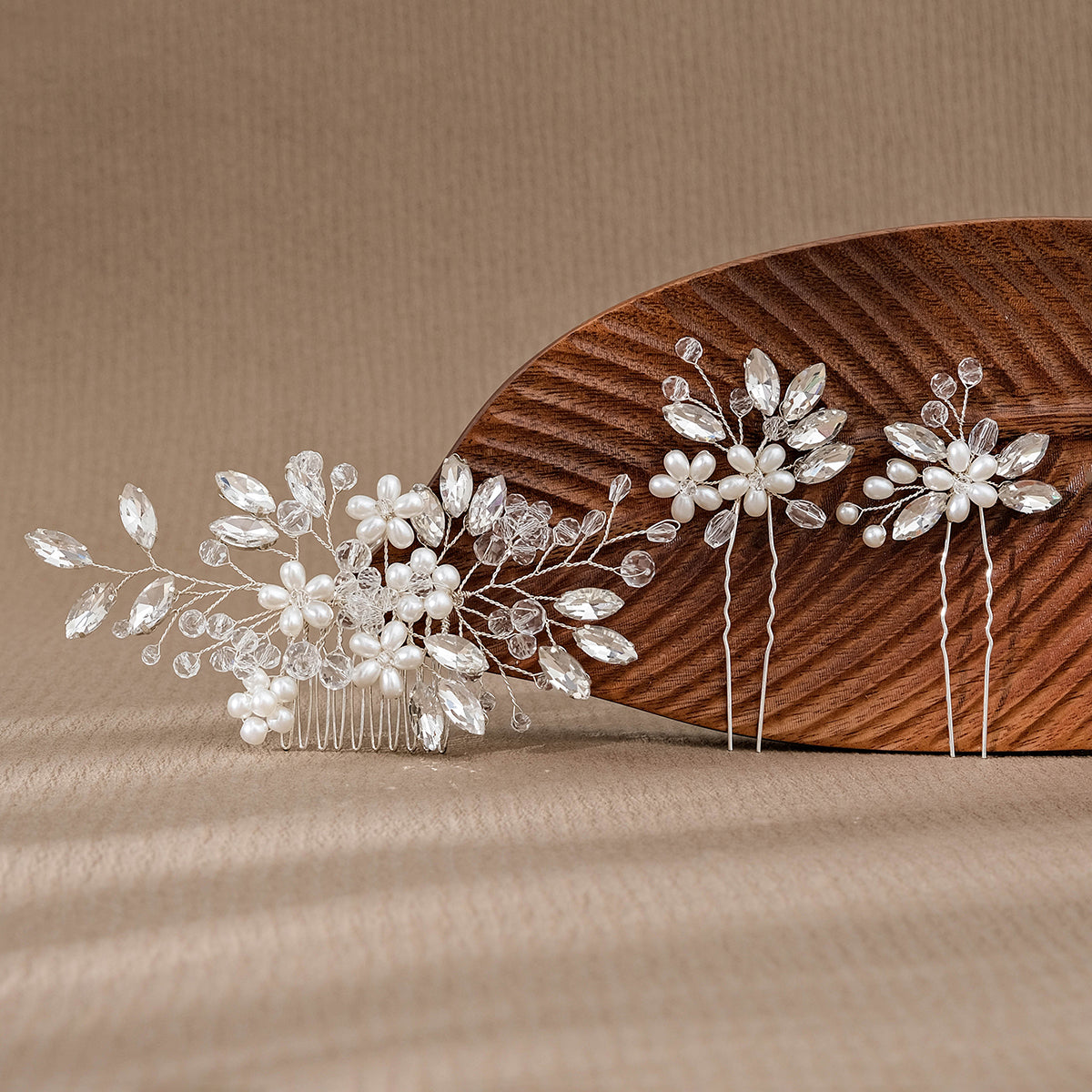 Miallo Exquisite Crystal Rhinestones Flower Leaf Pearl Hair Comb Hair Pins 3pcs/set Women Jewelry HS-J6971