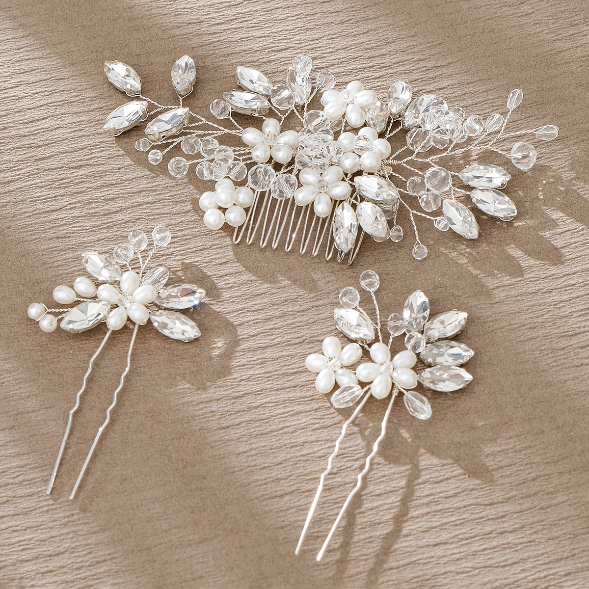 Miallo Exquisite Crystal Rhinestones Flower Leaf Pearl Hair Comb Hair Pins 3pcs/set Women Jewelry HS-J6971