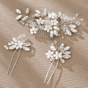 Miallo Exquisite Crystal Rhinestones Flower Leaf Pearl Hair Comb Hair Pins 3pcs/set Women Jewelry HS-J6971
