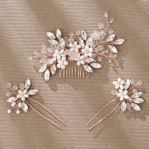 Miallo Exquisite Crystal Rhinestones Flower Leaf Pearl Hair Comb Hair Pins 3pcs/set Women Jewelry HS-J6971