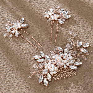 Miallo Exquisite Crystal Rhinestones Flower Leaf Pearl Hair Comb Hair Pins 3pcs/set Women Jewelry HS-J6971