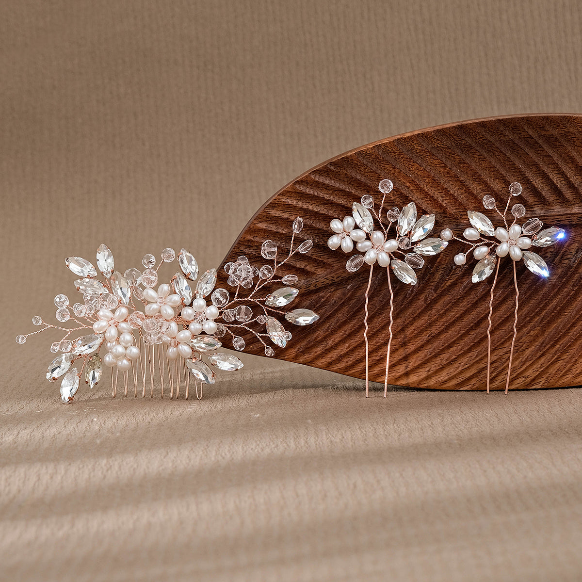 Miallo Exquisite Crystal Rhinestones Flower Leaf Pearl Hair Comb Hair Pins 3pcs/set Women Jewelry HS-J6971
