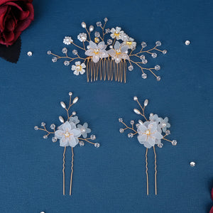 Miallo Rhinestone crystal Wedding Hair Comb Handmade Vintage U Shaped Hairpins Resin Flower Wedding Pearl Jewelry Sets(3 pcs/set) HS-J6424