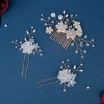 Load image into Gallery viewer, Miallo Rhinestone crystal Wedding Hair Comb Handmade Vintage U Shaped Hairpins Resin Flower Wedding Pearl Jewelry Sets(3 pcs/set) HS-J6424
