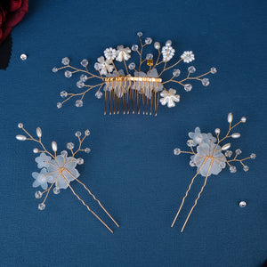Miallo Rhinestone crystal Wedding Hair Comb Handmade Vintage U Shaped Hairpins Resin Flower Wedding Pearl Jewelry Sets(3 pcs/set) HS-J6424