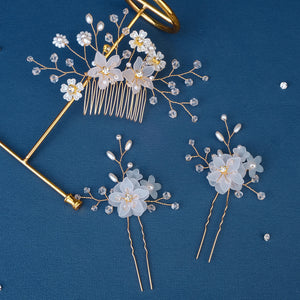 Miallo Rhinestone crystal Wedding Hair Comb Handmade Vintage U Shaped Hairpins Resin Flower Wedding Pearl Jewelry Sets(3 pcs/set) HS-J6424
