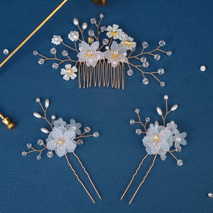 Miallo Rhinestone crystal Wedding Hair Comb Handmade Vintage U Shaped Hairpins Resin Flower Wedding Pearl Jewelry Sets(3 pcs/set) HS-J6424