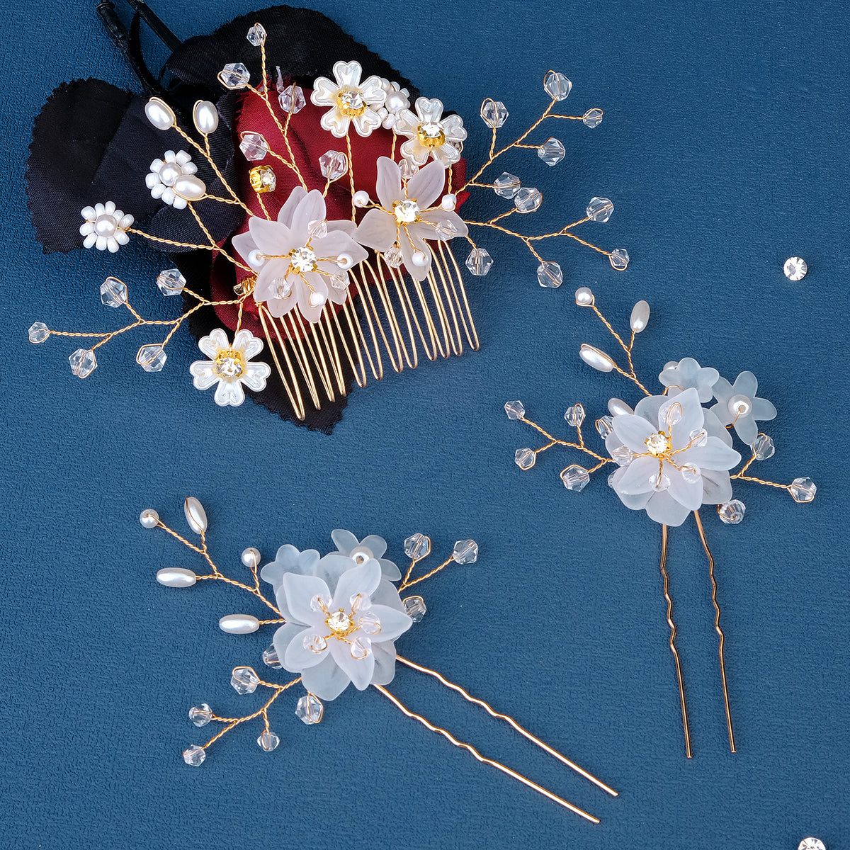 Miallo Rhinestone crystal Wedding Hair Comb Handmade Vintage U Shaped Hairpins Resin Flower Wedding Pearl Jewelry Sets(3 pcs/set) HS-J6424